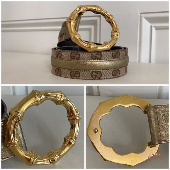 Auth Gucci Monogram Canvas Gold Metallic Leather Bamboo Metal Buckle Belt 88/34 - Picture 2 of 13